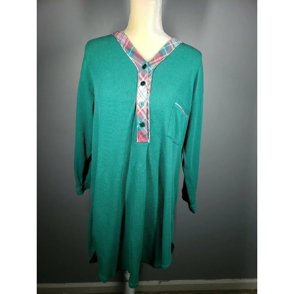 Jockey For Her Thermal Nightgown Green With Flannel Trim One Size
